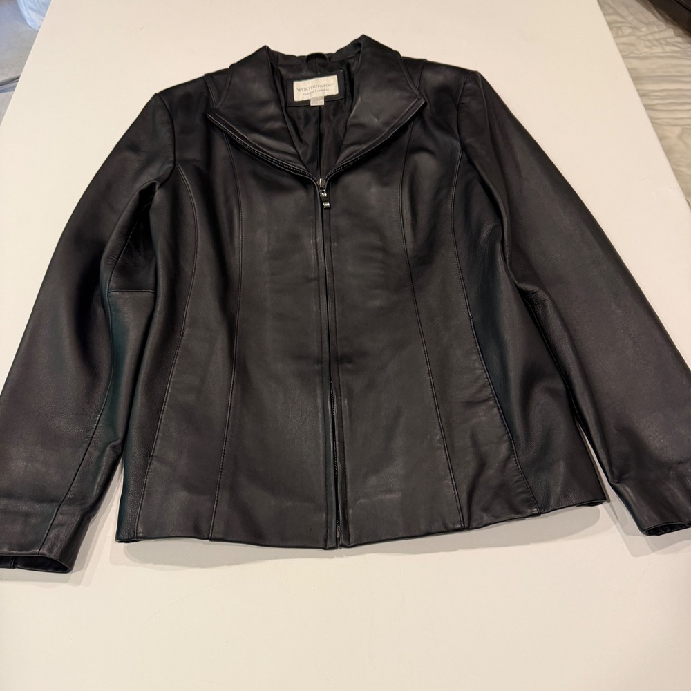 Worthington Womens Black Genuine Lambskin Leather Full Zip Jacket Size Medium